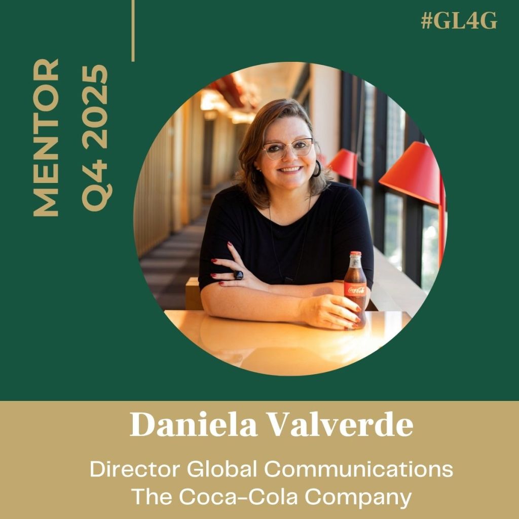 Portrait of Daniela Valverde, Director of Global Communications at The Coca-Cola Company, smiling and sitting at a table with a Coke bottle. The background features large windows and red lamps. The image is labeled with 'MENTOR Q4 2025' and '#GL4G'.