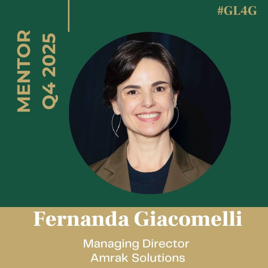 Portrait of Fernanda Giacomelli, Managing Director at Amrak Solutions, featuring a smiling expression. The design includes the text 'MENTOR Q4 2025' and the hashtag '#GL4G' on a green and gold background.