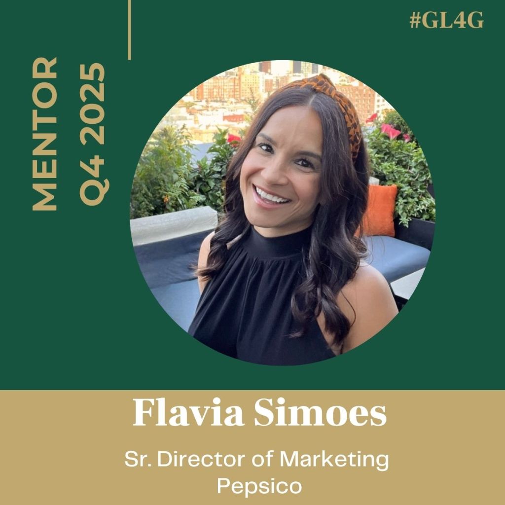 Portrait of Flavia Simoes, Senior Director of Marketing at Pepsico, smiling in a black dress with a decorative headband, set against a green background with the text 'MENTOR Q4 2025'.