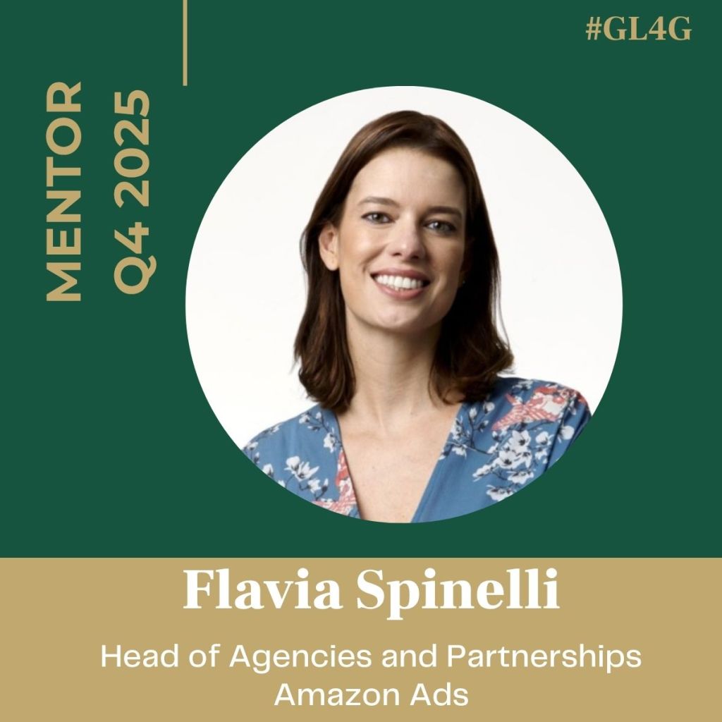 Portrait of Flavia Spinelli, Head of Agencies and Partnerships at Amazon Ads, with a warm smile, dressed in a floral shirt against a green background. The text indicates she is a mentor for Q4 2025.