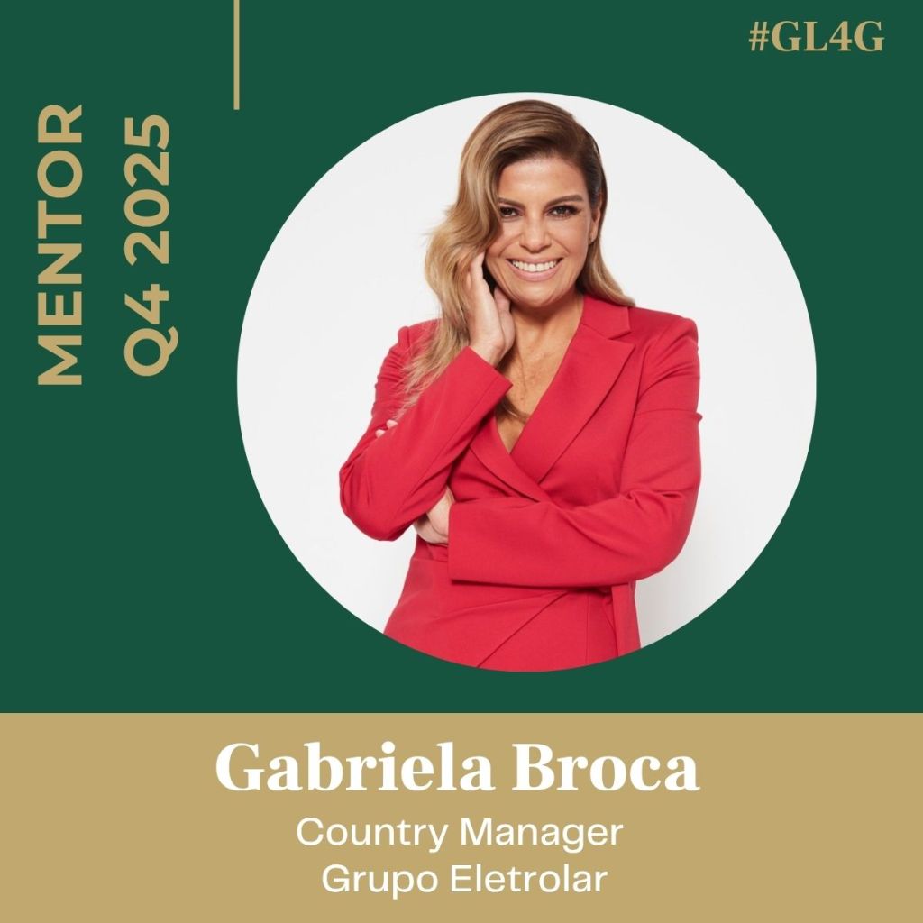 A professional portrait of Gabriela Broca, who is wearing a red blazer and smiling. The image identifies her as a mentor for Q4 2025, with her role as Country Manager at Grupo Eletrolar.