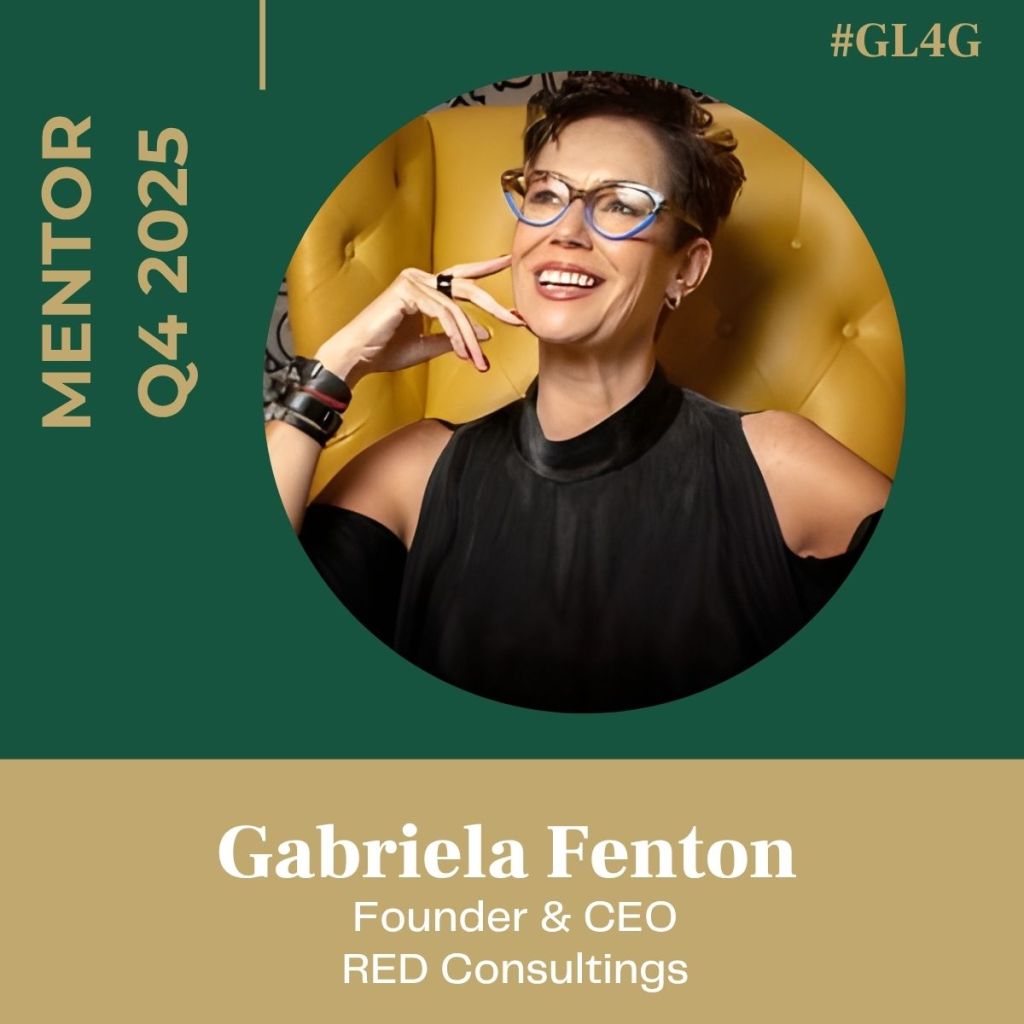 Portrait of Gabriela Fenton, wearing glasses and a black top, smiling against a yellow background, with the text 'MENTOR Q4 2025' and her title 'Founder & CEO RED Consultings' prominently displayed.