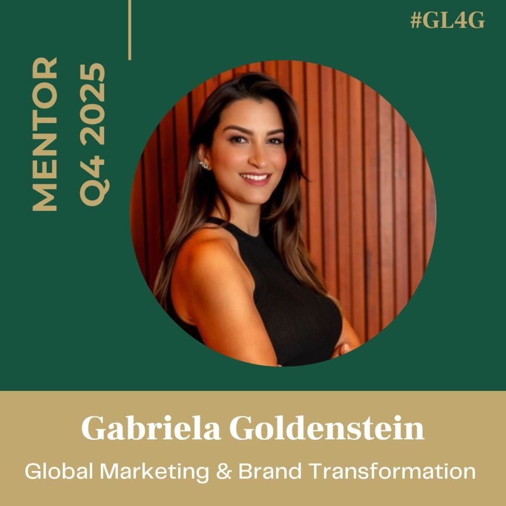 A portrait of Gabriela Goldenstein, identified as a mentor for Q4 2025, showcasing her expertise in global marketing and brand transformation.