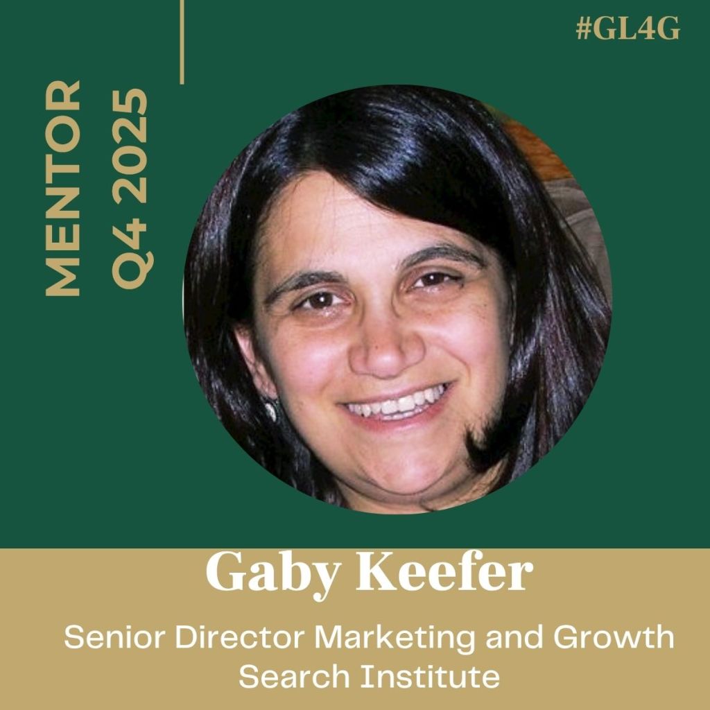Headshot of Gaby Keefer, Mentor for Q4 2025, Senior Director of Marketing and Growth at Search Institute, on a green and gold background.