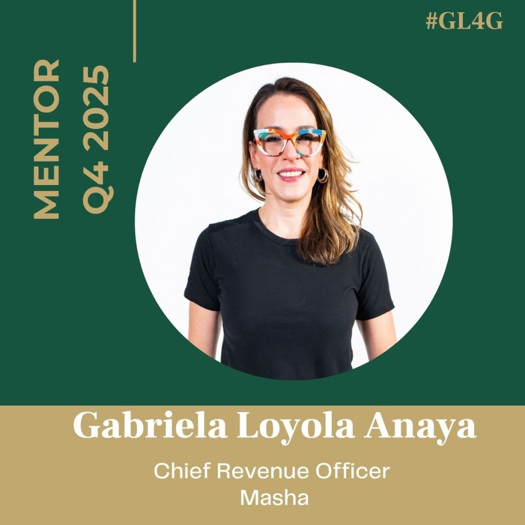 Portrait of Gabriela Loyola Anaya, Chief Revenue Officer of Masha, wearing colorful glasses and a black shirt, with text indicating her role as a mentor for Q4 2025.