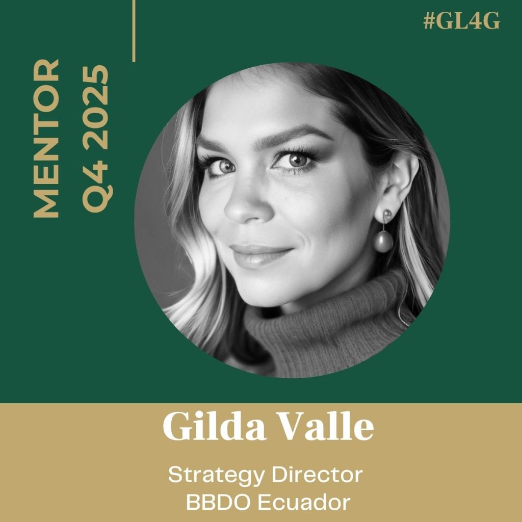 A professional portrait of Gilda Valle, a Strategy Director at BBDO Ecuador, featured as a mentor for the Q4 2025 cohort of Good Latinas for Good, with a green and gold background.
