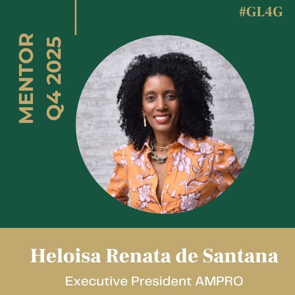 A professional portrait of Heloisa Renata de Santana, the Executive President of AMPRO, in a patterned floral blouse with a smiling expression. The background features a light textured wall, and the image includes text indicating her role and the mentorship program.