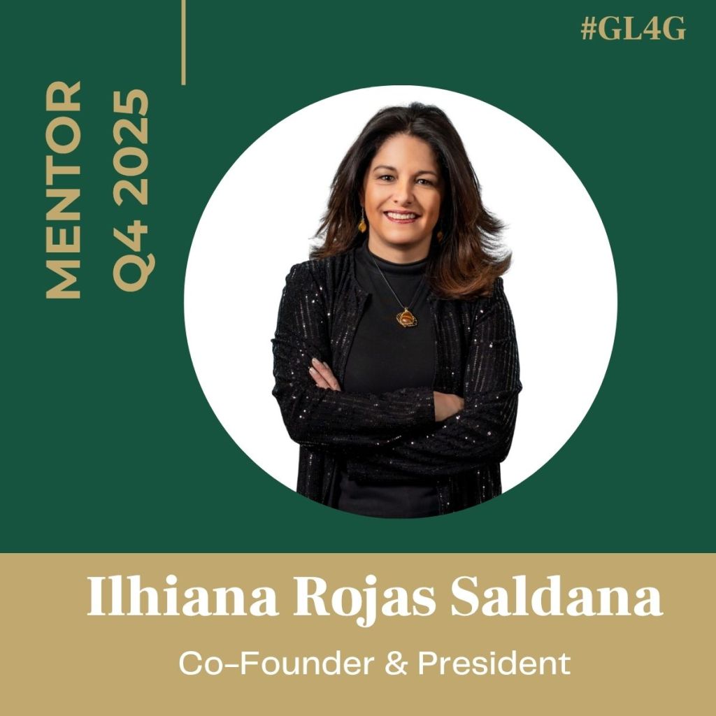 Professional portrait of Ilhiana Rojas Saldana, co-founder and president, smiling with arms crossed, wearing a black outfit with a sparkly jacket against a green background.