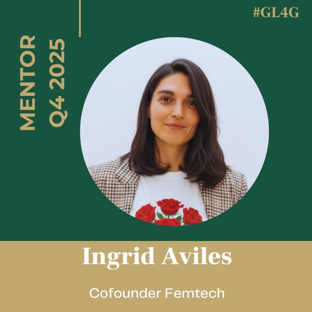 Portrait of Ingrid Aviles, cofounder of Femtech, wearing a floral shirt and a checkered blazer, presented as a mentor for Q4 2025.