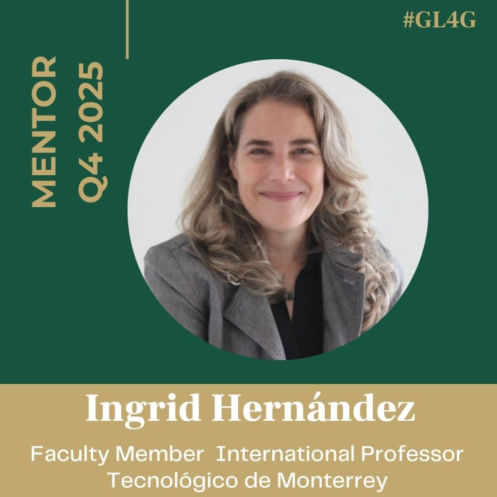 Portrait of Ingrid Hernández, a mentor for Q4 2025, identified as an International Professor at Tecnológico de Monterrey.