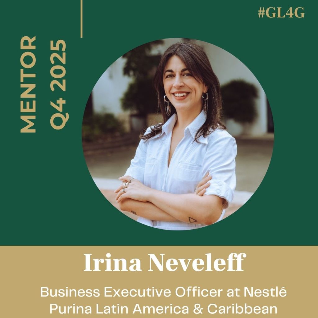 Portrait of Irina Neveleff, mentor for Q4 2025, dressed in a white shirt with a confident smile, standing against a blurred background, promoting her role in the GL4G alliance.