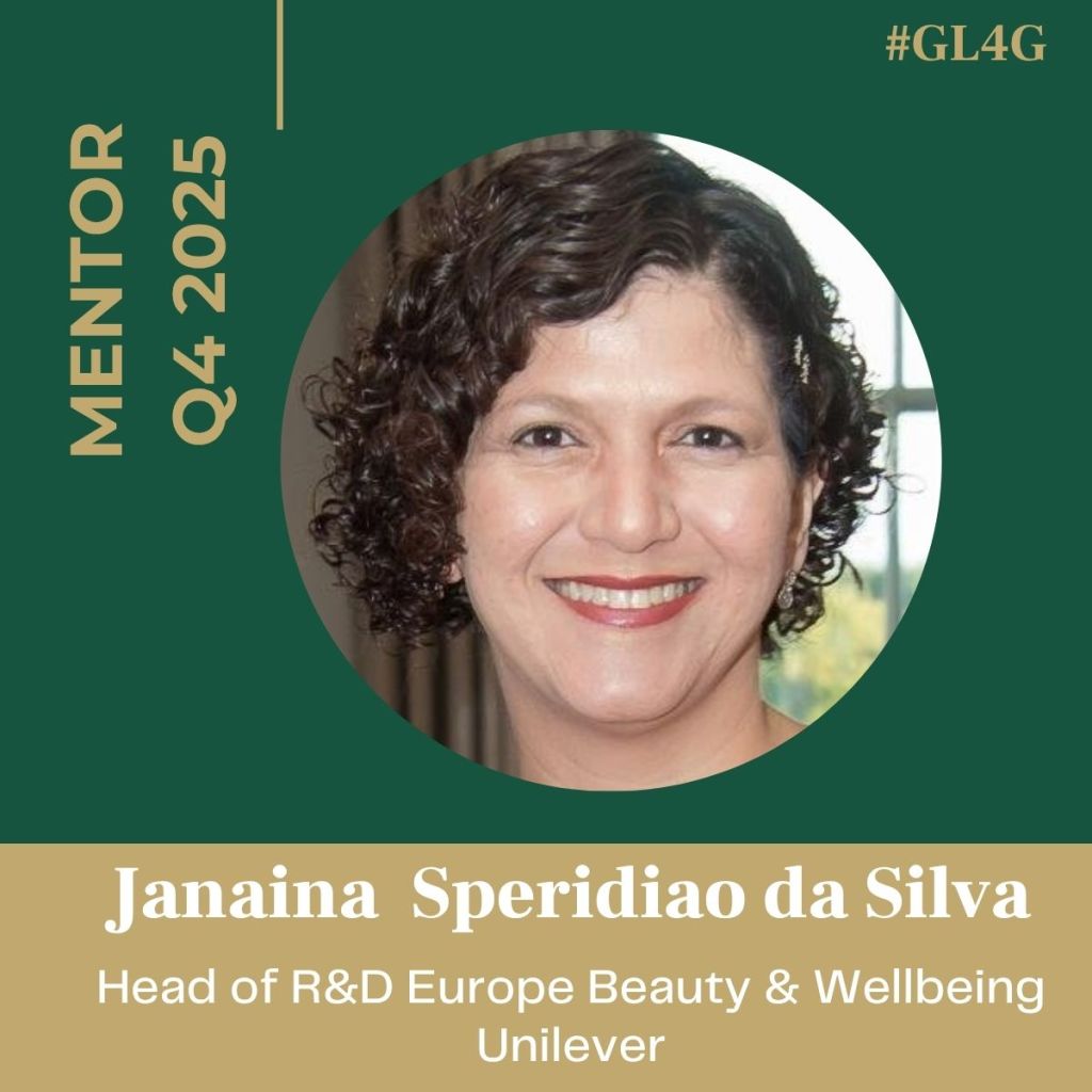 Portrait of Janaina Speridiao da Silva, Head of R&D Europe Beauty & Wellbeing at Unilever, with a smiling expression against a green and gold background, indicating her role as a mentor for Q4 2025.