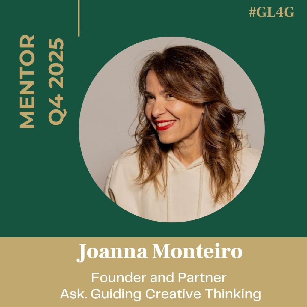 Portrait of Joanna Monteiro, Founder and Partner of Ask. Guiding Creative Thinking, featured as a mentor for Q4 2025 in a promotional graphic.