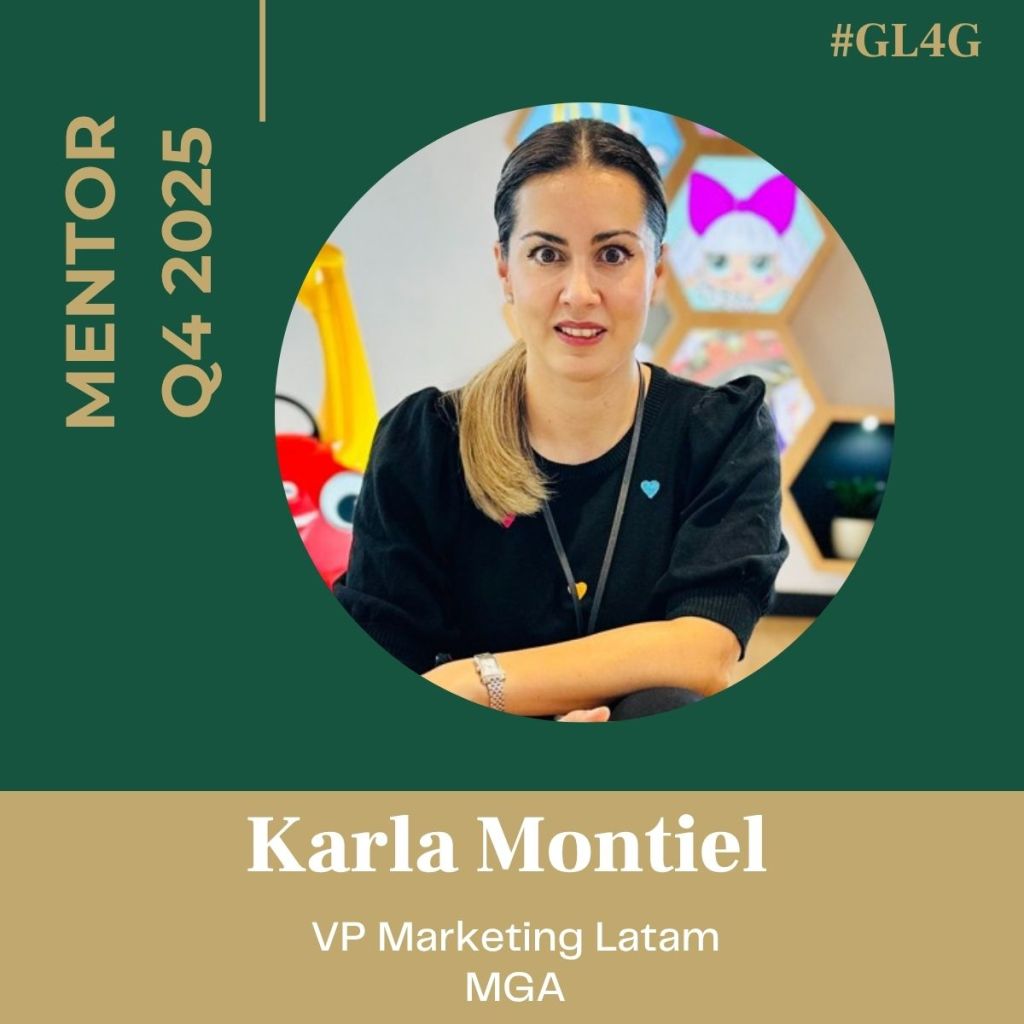Portrait of Karla Montiel, VP Marketing Latam at MGA, highlighted as a mentor for Q4 2025 in a professional setting.
