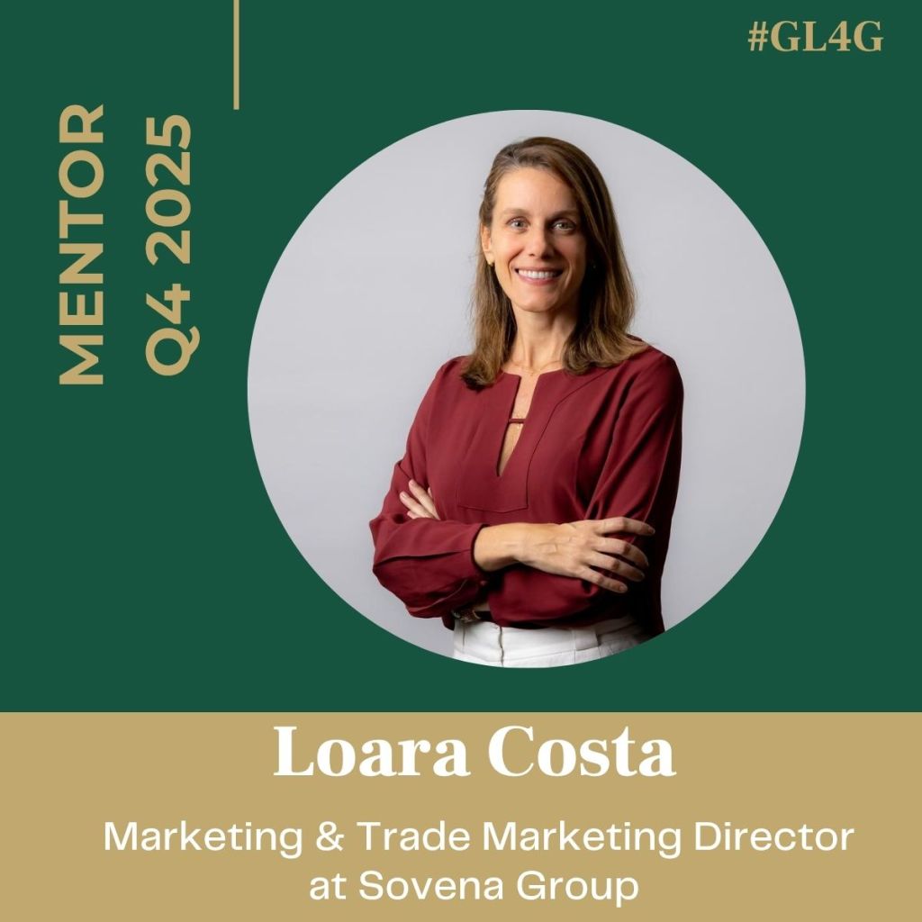 Portrait of Loara Costa, a mentor for Q4 2025, wearing a maroon blouse with arms crossed, set against a green background with her name and title underneath.