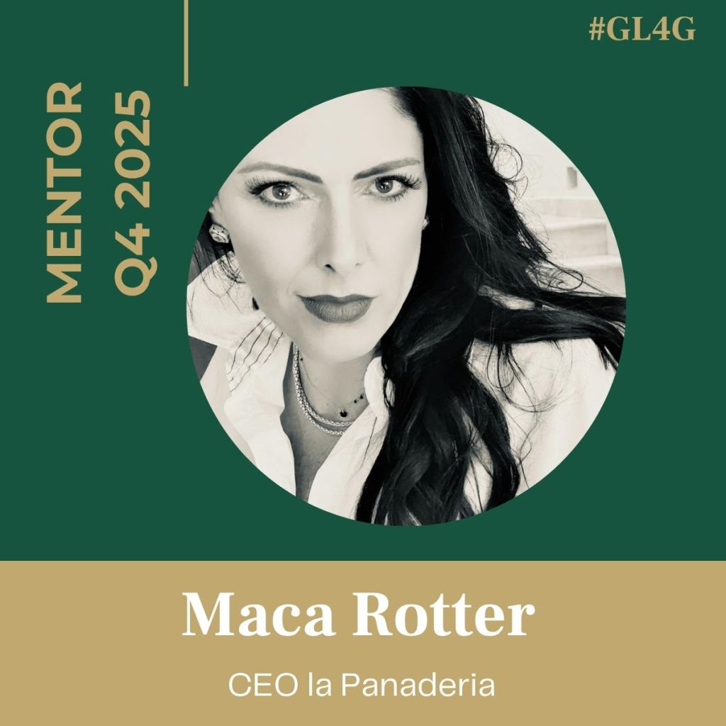 Portrait of Maca Rotter, CEO of La Panaderia, featured as a mentor for Q4 2025, with a dark green and gold background.