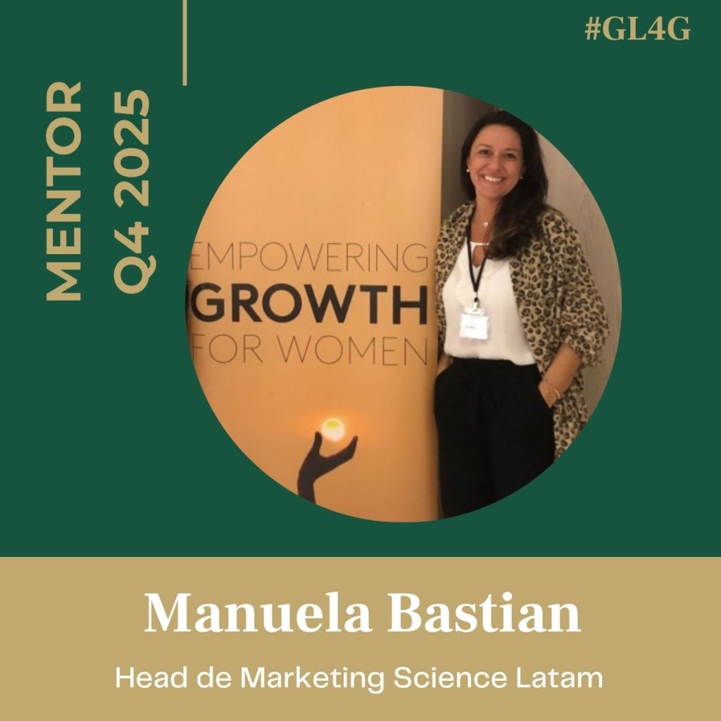 Portrait of Manuela Bastian, Head of Marketing Science Latam, standing next to a banner that reads 'Empowering Growth for Women' with a warm light symbol.