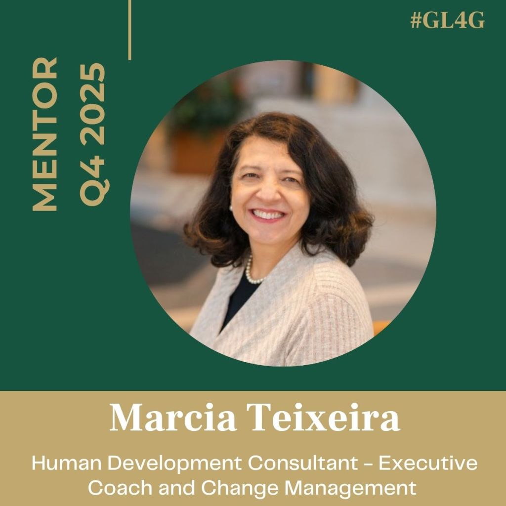 Portrait of Marcia Teixeira, a Human Development Consultant and Executive Coach, featured as a mentor for Q4 2025. She is smiling and wearing a light-colored sweater and pearls, set against a green background.