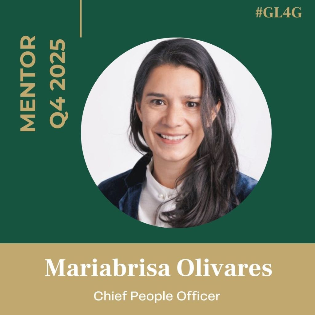 Portrait of Mariabrisa Olivares, a mentor for the Q4 2025 cohort, identified as the Chief People Officer, presented with a green and gold background.