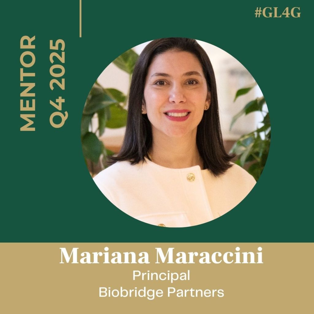 Portrait of Mariana Maraccini, Principal at Biobridge Partners, positioned against a green background with a plant, representing her role as a mentor for the Q4 2025 cohort of the Good Latinas for Good initiative.