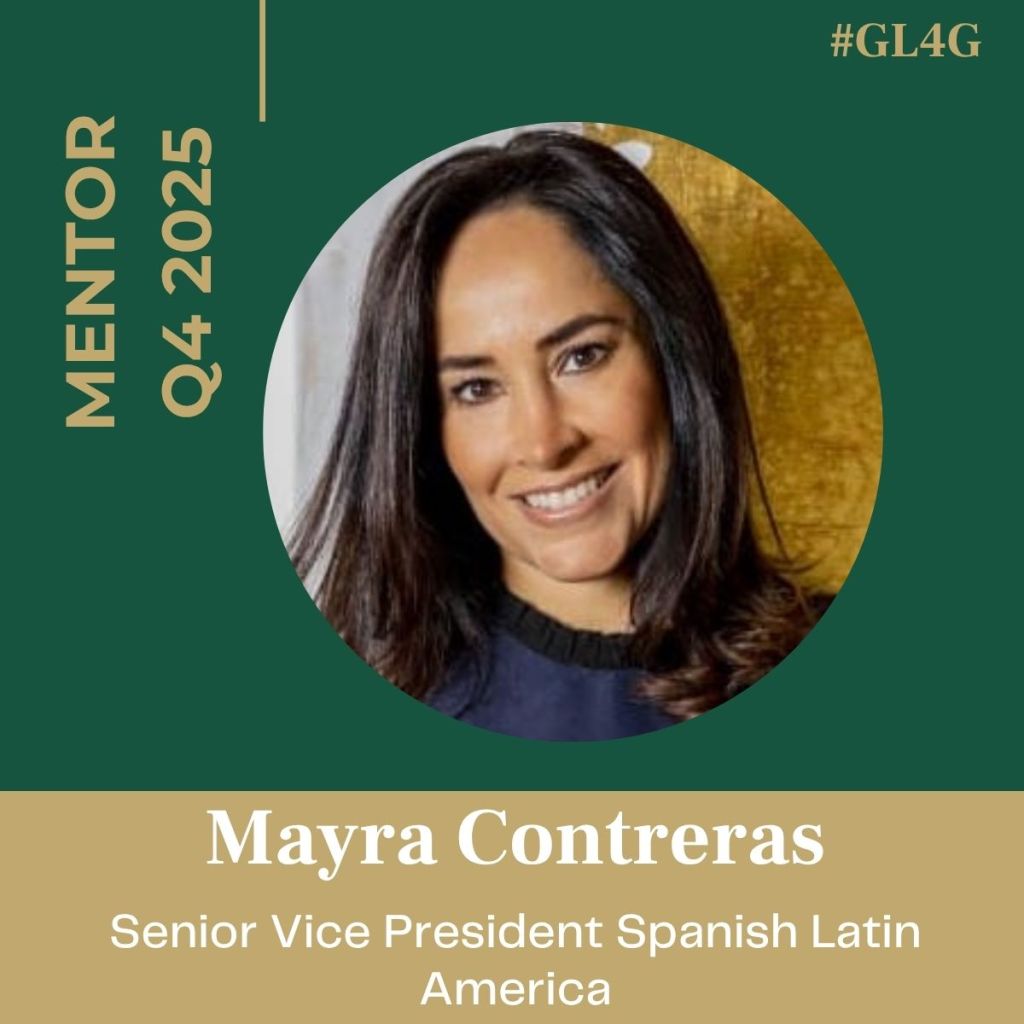 Portrait of Mayra Contreras, Senior Vice President Spanish Latin America, featured as a mentor for Q4 2025 in a green and gold design.