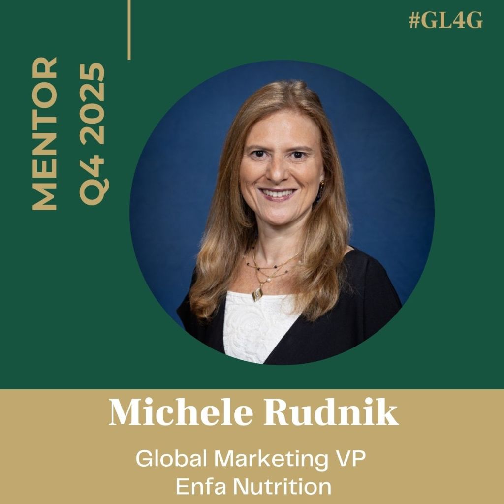 Portrait of Michele Rudnik, Global Marketing VP at Enfa Nutrition, featured as a mentor for Q4 2025. The background is blue with a green and gold design accentuating her name and title.
