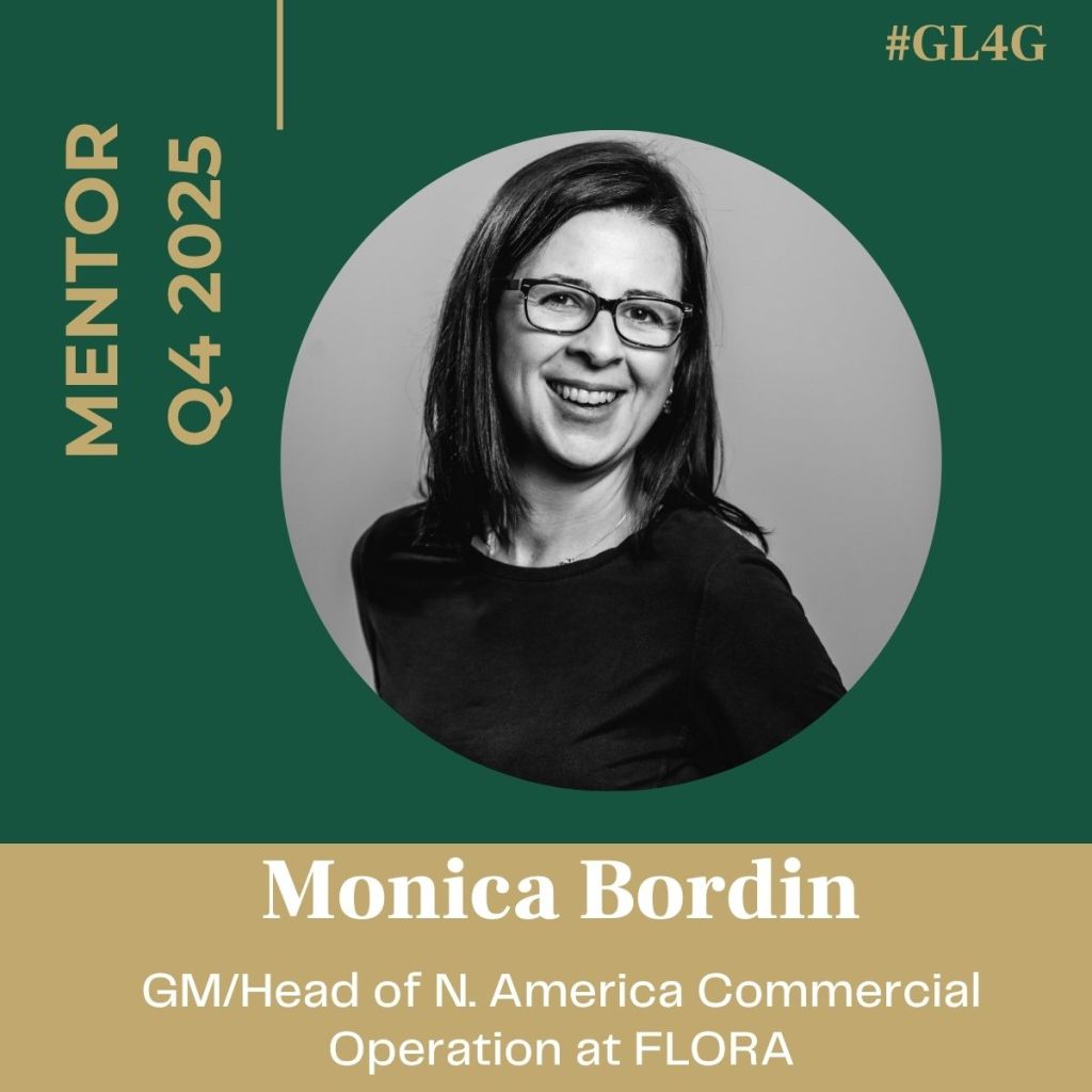 A headshot of Monica Bordin, smiling and wearing glasses, with a dark top. The background is green with a circular cutout, featuring her name and title as GM/Head of N. America Commercial Operation at FLORA, and the label 'MENTOR Q4 2025'.