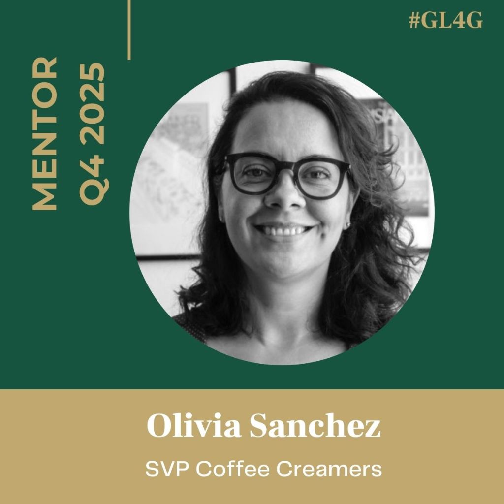 Portrait of Olivia Sanchez, SVP of Coffee Creamers, presented as a mentor for Q4 2025 with a green and gold background.