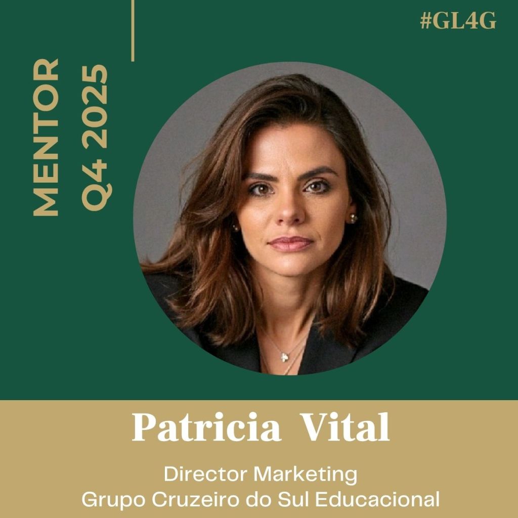 Portrait of Patricia Vital, Director of Marketing at Grupo Cruzeiro do Sul Educacional, featured as a mentor for Q4 2025, with her name and title displayed on a green background.