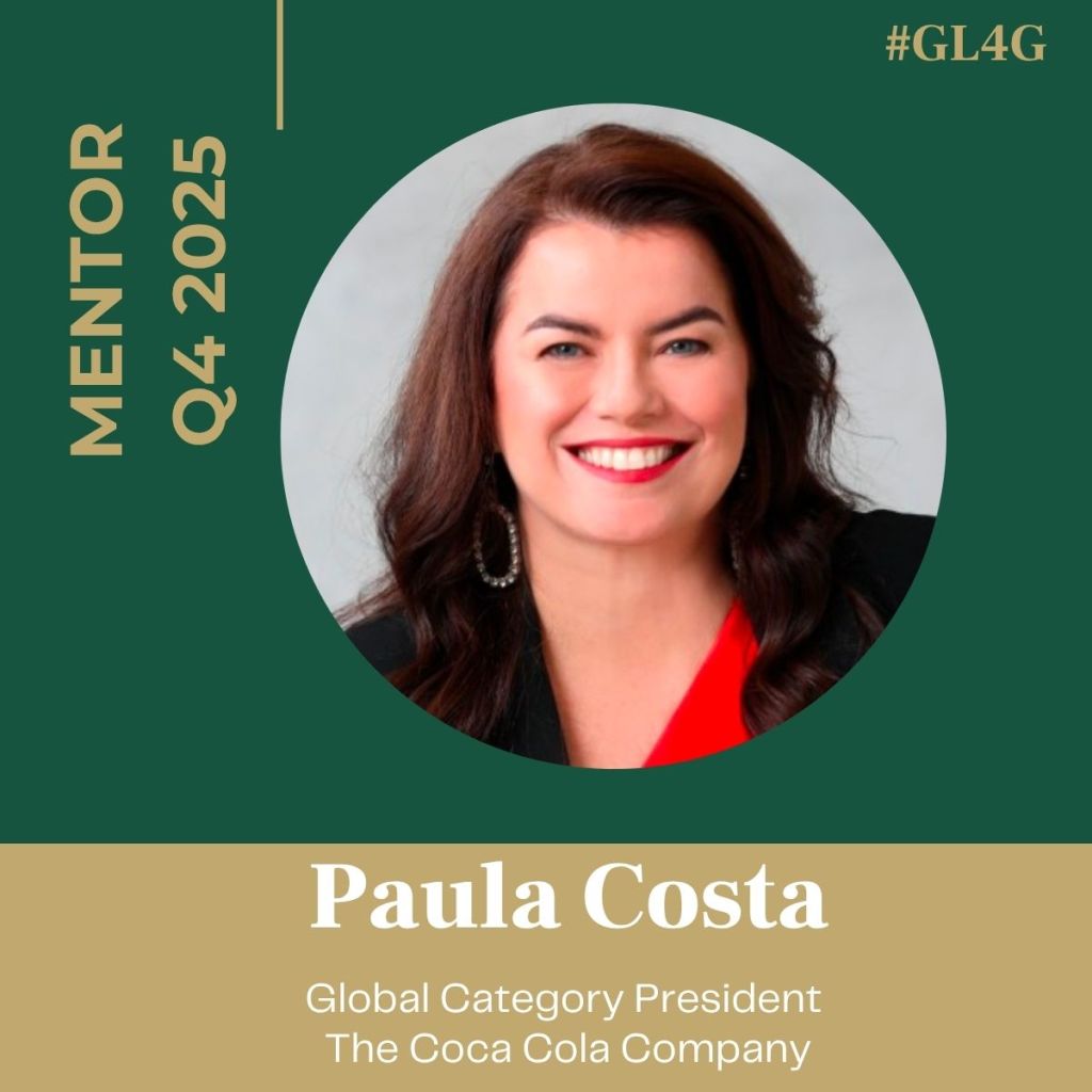 Portrait of Paula Costa, Global Category President of The Coca Cola Company, featured as a mentor for Q4 2025, with a green background and her name and title displayed.