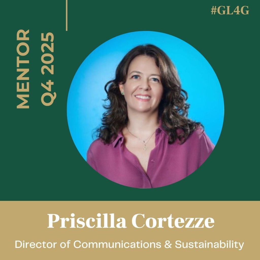 Portrait of Priscilla Cortezze, Director of Communications & Sustainability, highlighted as a mentor for Q4 2025. The background is teal, with her name and title displayed prominently.