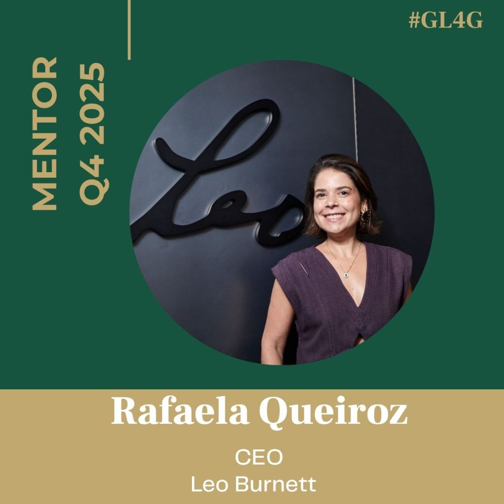 Portrait of Rafaela Queiroz, CEO of Leo Burnett, featured as a mentor for Q4 2025, set against a green background with the Leo logo.