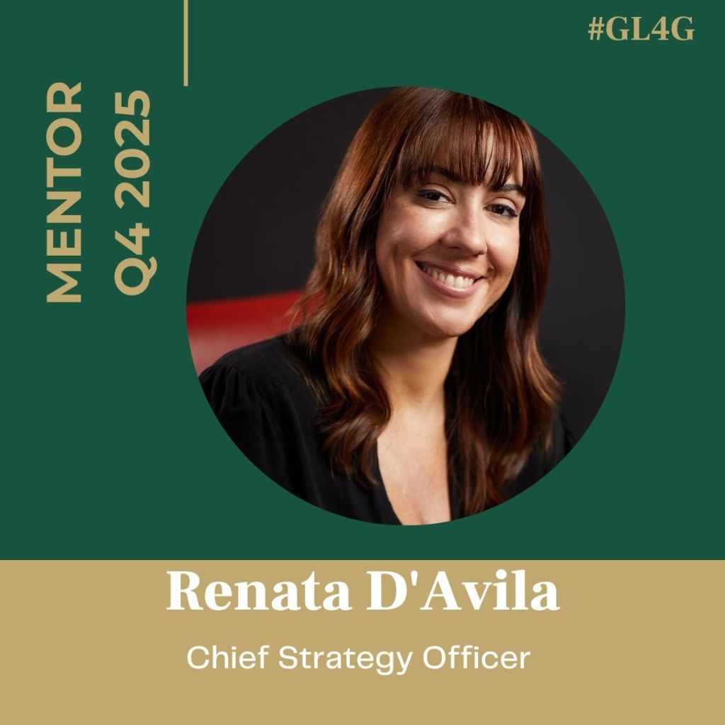 Portrait of Renata D'Avila, Chief Strategy Officer and Mentor for Q4 2025, smiling against a green background with a circular frame.
