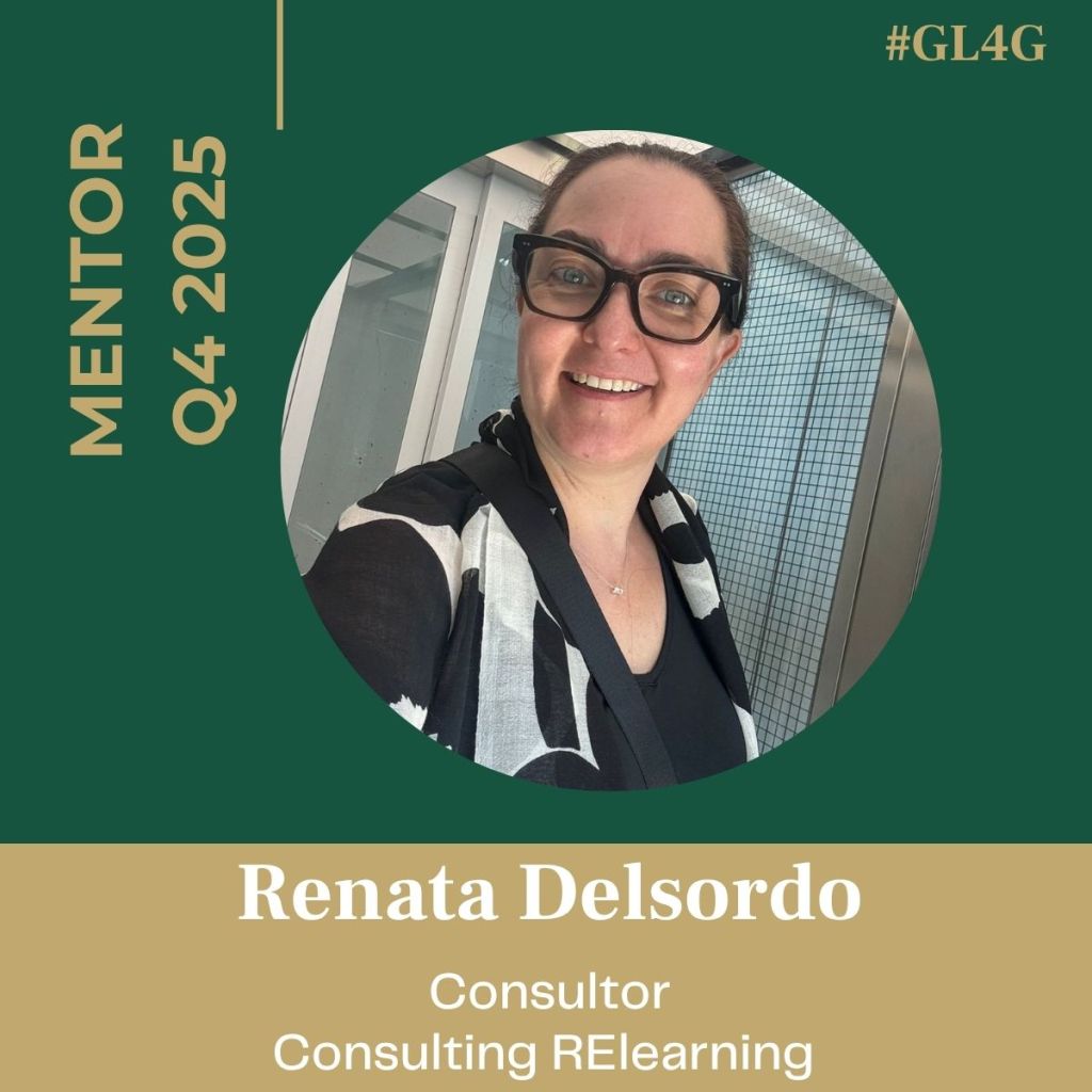 Portrait of Renata Delsordo, a mentor for the Q4 2025 cohort of the GL4G initiative, smiling while wearing glasses. The background features a green theme with the text 'MENTOR Q4 2025' and her title and profession displayed below.