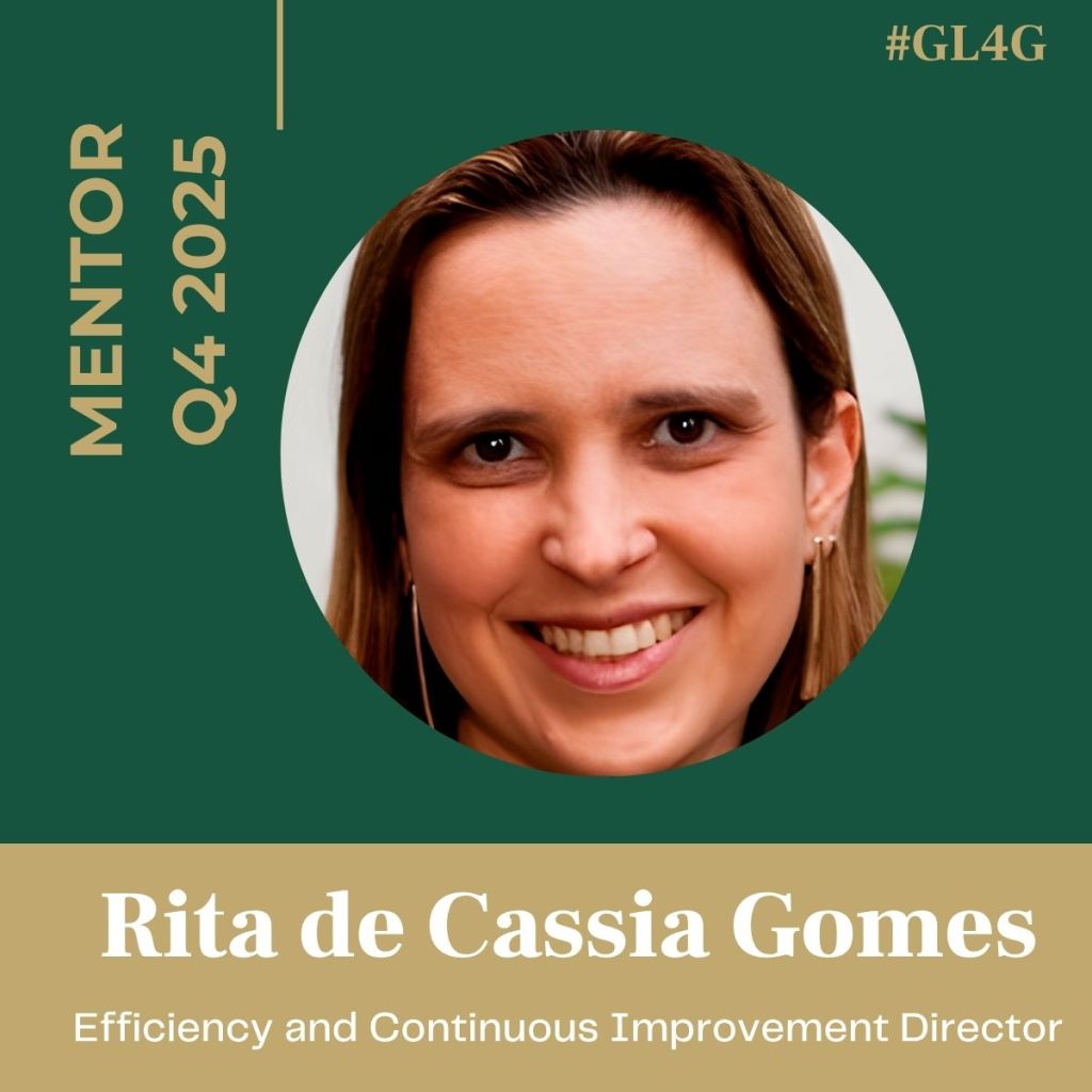 Portrait of Rita de Cassia Gomes, a mentor for Q4 2025, with the title 'Efficiency and Continuous Improvement Director' displayed below her name on a green background.