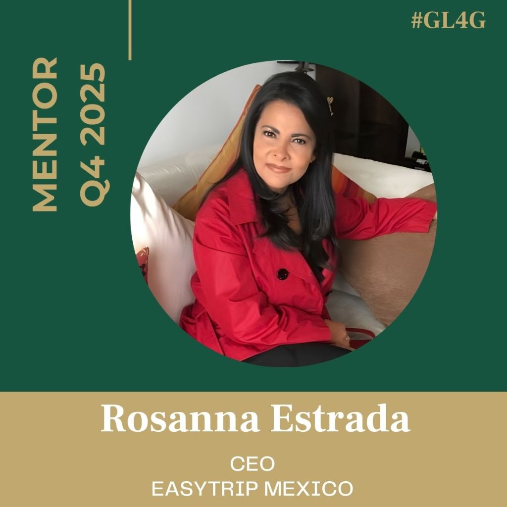 Portrait of Rosanna Estrada, a woman wearing a red coat, sitting on a couch, with the text 'MENTOR Q4 2025' and her title 'CEO EASYTRIP MEXICO' below her name.