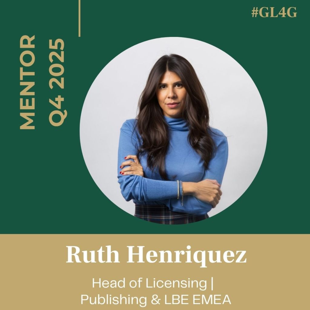 Portrait of Ruth Henriquez, a mentor for Q4 2025, wearing a blue sweater and smiling confidently. The background features a green design with text indicating her role as Head of Licensing for Publishing & LBE EMEA.