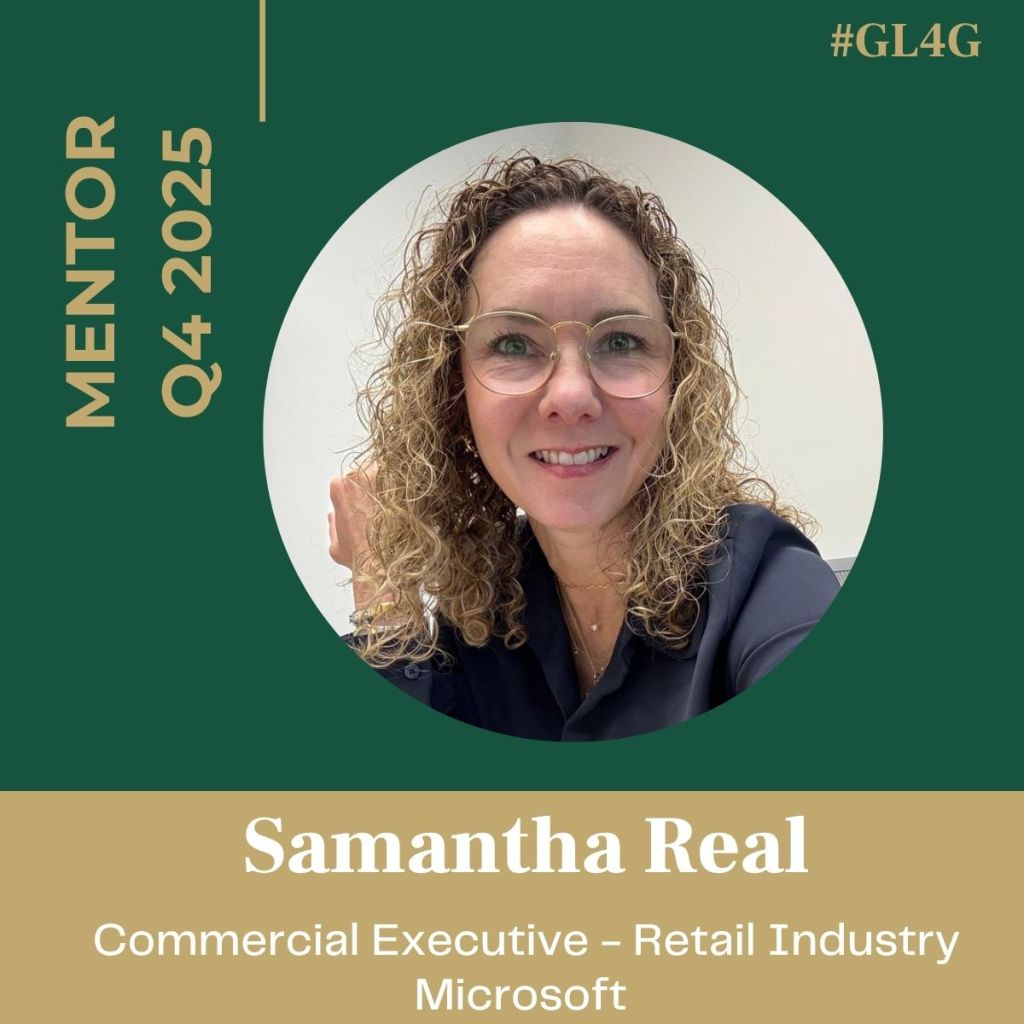 Portrait of Samantha Real, a mentor in the Q4 2025 cohort, who is a Commercial Executive in the Retail Industry at Microsoft. The background is green with gold accents.