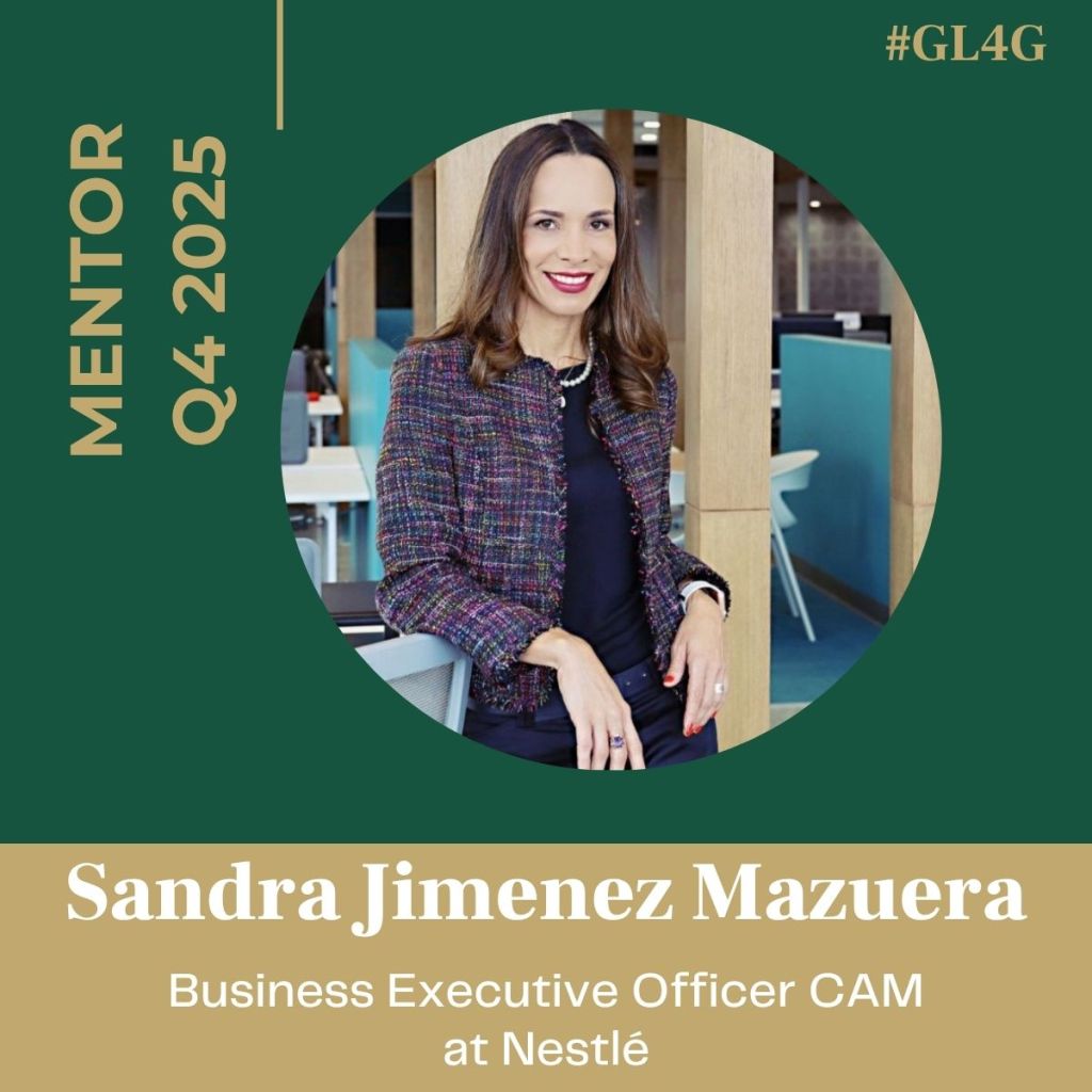 Portrait of Sandra Jimenez Mazuera, a mentor for Q4 2025, in a professional setting. She is wearing a colorful jacket and smiling confidently. Text overlay includes her name and position as Business Executive Officer CAM at Nestlé.