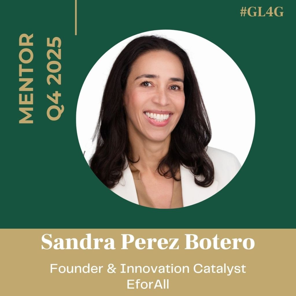 Portrait of Sandra Perez Botero, a mentor for Q4 2025, founder and innovation catalyst at EforAll, smiling against a green background.