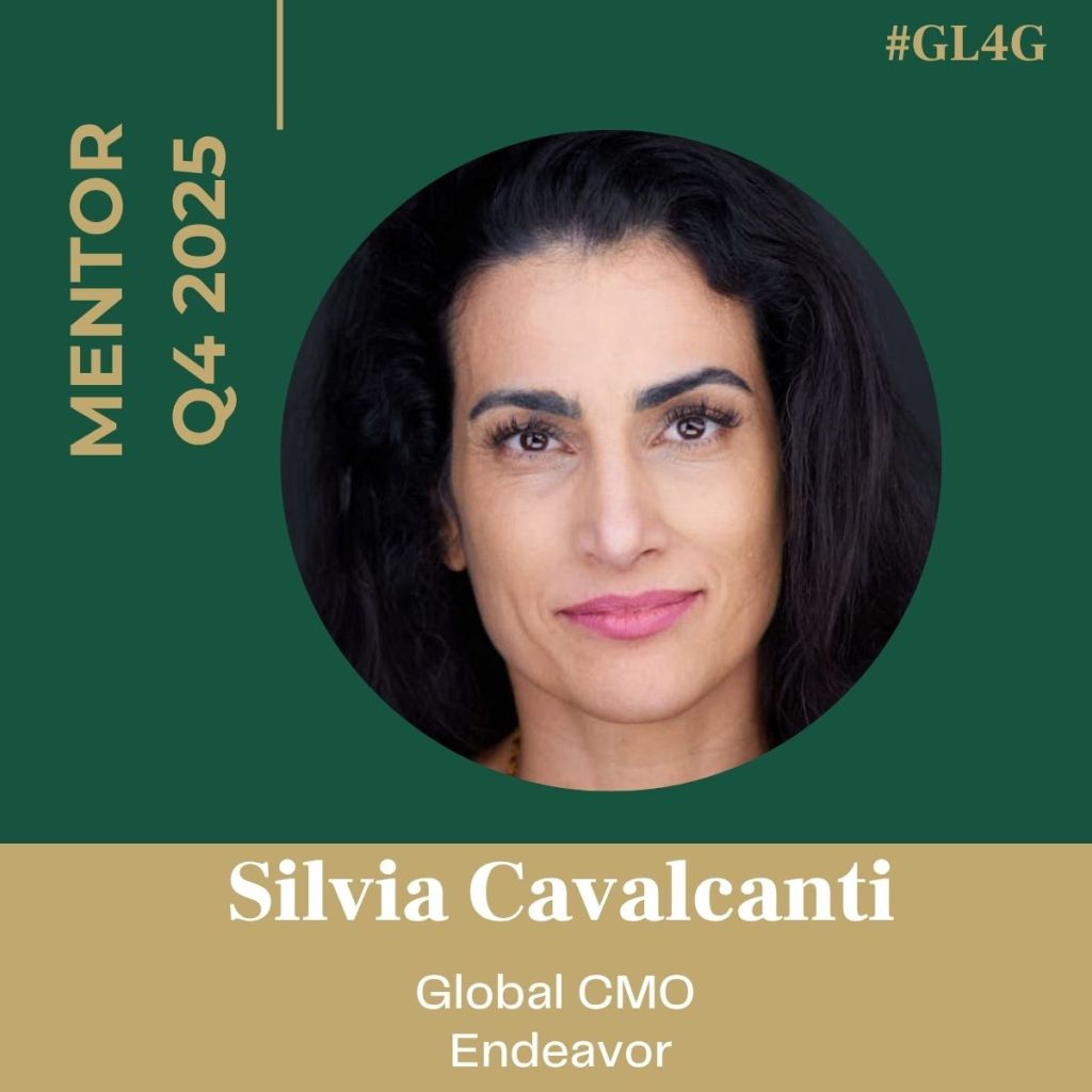 Portrait of Silvia Cavalcanti, Global CMO at Endeavor, featured as a mentor for Q4 2025, with a green and gold background.