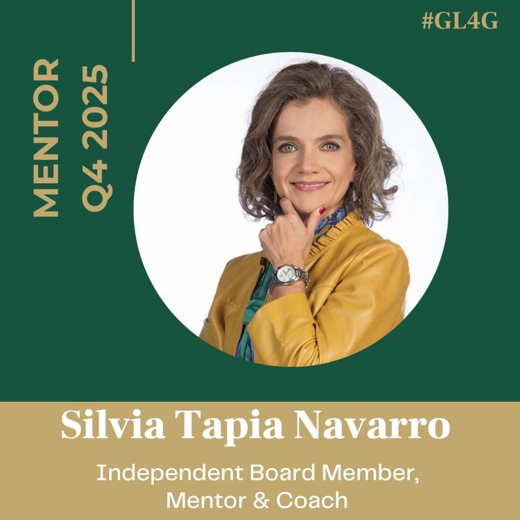 Portrait of Silvia Tapia Navarro, an independent board member, mentor, and coach, smiling confidently while wearing a yellow jacket and a green scarf.