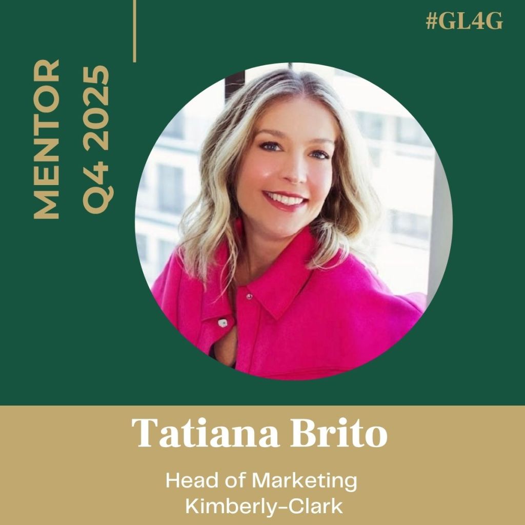 Headshot of Tatiana Brito, the Head of Marketing at Kimberly-Clark, smiling in a pink blouse against a bright background, with text indicating she is a mentor for the Q4 2025 cohort.