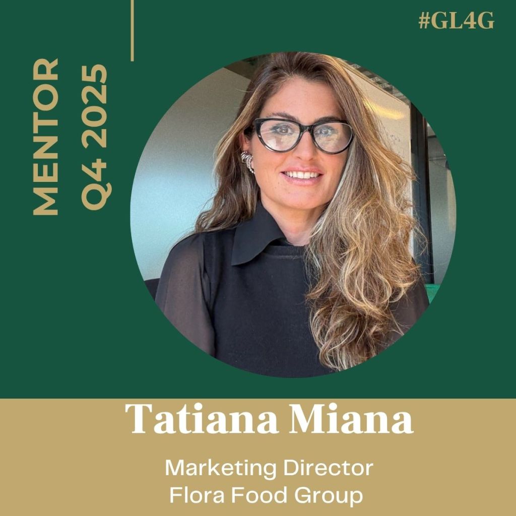 Portrait of Tatiana Miana, Marketing Director at Flora Food Group, featured as a mentor for Q4 2025 with a green background and her name and title displayed.