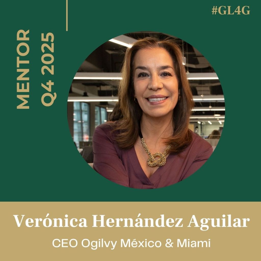 Portrait of Verónica Hernández Aguilar, CEO of Ogilvy México & Miami, in a professional setting. Text overlay includes 'MENTOR Q4 2025' and the hashtag '#GL4G'.