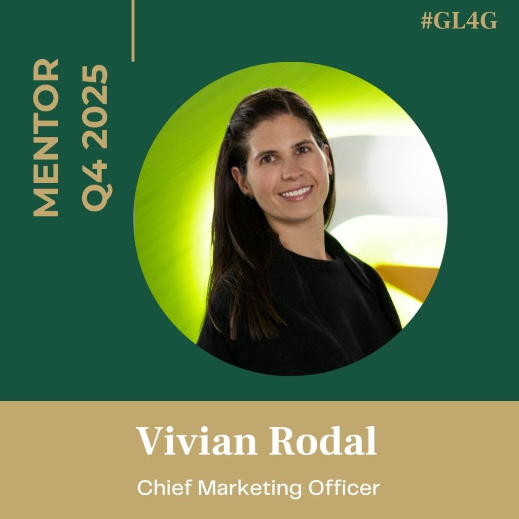 Portrait of Vivian Rodal, Chief Marketing Officer, highlighted as a mentor for Q4 2025. The background features a green and yellow design, showcasing her professional image.