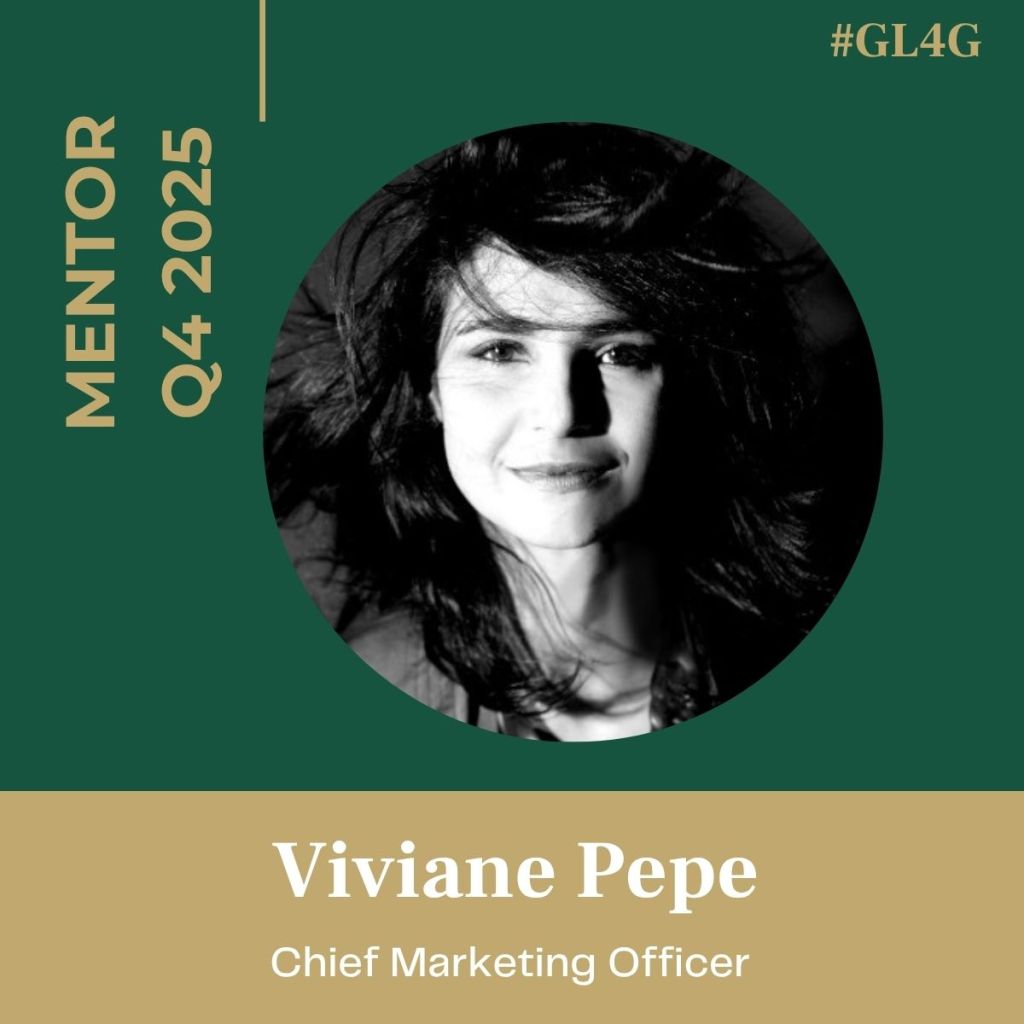 Portrait of Viviane Pepe, Chief Marketing Officer, in a circular frame with a dark background and golden text stating her title.
